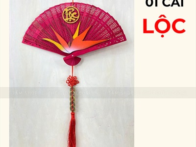 Vòng treo cửa Tết Quạt đỏ hoa Thiên Điểu [Đa dạng chữ - Quạt gỗ] QUAT-08